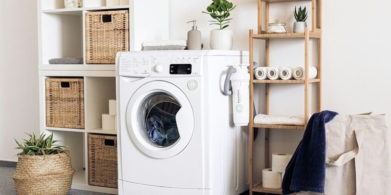 Front-load washing machine in a laundry room